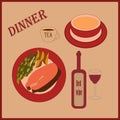 Dinner. Healthy food template. Grilled salmon steak on a plate with asparagus, baked potatoes and a glass of wine. Royalty Free Stock Photo